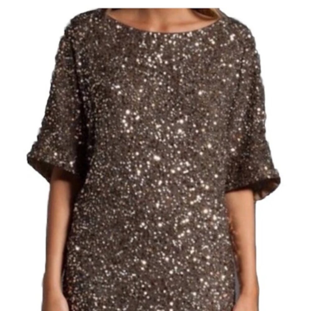 Vince Sequin Mini Dress Gold Short Sleeve Shift Sparkly Cocktail Party NYE Club
